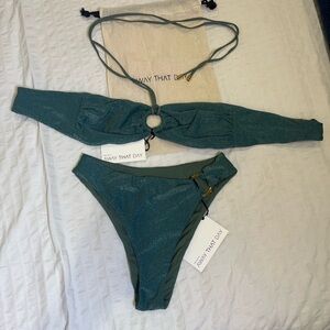 NWT Away That Day Acapulco Bikini Set Sea Green Lurex Swim Med Top large Bottom